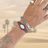 Handcrafted Genuine Brown Color Leather Bracelet with White Cat's Eye Stone-Life Style Unisex Gift Fashion Jewelry Bangle-Cuff-Wristband