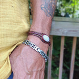 Handcrafted Genuine Brown Color Leather Bracelet with White Cat's Eye Stone-Life Style Unisex Gift Fashion Jewelry Bangle-Cuff-Wristband
