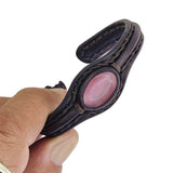 Handcrafted Genuine Black Vegetal Leather Bracelet with Rose Agate Stone Setting-Unisex Gift-Unique Fashion Jewelry-Adjustable Wristband