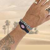 Handcrafted Genuine Black Vegetal Leather Bracelet with Rose Agate Stone Setting-Unisex Gift-Unique Fashion Jewelry-Adjustable Wristband