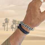 Handcrafted Genuine Black Vegetal Leather Bracelet with Rose Agate Stone Setting-Unisex Gift-Unique Fashion Jewelry-Adjustable Wristband