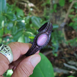 Handcrafted Genuine Black Vegetal Leather Bracelet with Rose Agate Stone Setting-Unisex Gift-Unique Fashion Jewelry-Adjustable Wristband