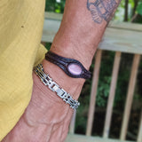 Handcrafted Genuine Black Vegetal Leather Bracelet with Rose Agate Stone Setting-Unisex Gift-Unique Fashion Jewelry-Adjustable Wristband