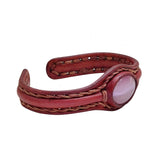 Handcrafted Genuine Brown Vegetal Leather Bracelet with Rose Agate Stone Setting-Unisex Gift-Unique Fashion Jewelry-Adjustable Wristband