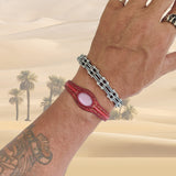 Handcrafted Genuine Brown Vegetal Leather Bracelet with Rose Agate Stone Setting-Unisex Gift-Unique Fashion Jewelry-Adjustable Wristband