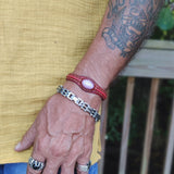 Handcrafted Genuine Brown Vegetal Leather Bracelet with Rose Agate Stone Setting-Unisex Gift-Unique Fashion Jewelry-Adjustable Wristband