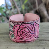 Handcrafted Genuine Vegetal Leather Bracelet with Hand Carved Rose-Unisex Gift-Unique Fashion Jewelry-Adjustable Wristband or Arm Bracelet