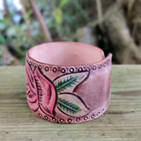 Handcrafted Genuine Vegetal Leather Bracelet with Hand Carved Rose-Unisex Gift-Unique Fashion Jewelry-Adjustable Wristband or Arm Bracelet