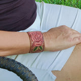 Handcrafted Genuine Vegetal Leather Bracelet with Hand Carved Rose-Unisex Gift-Unique Fashion Jewelry-Adjustable Wristband or Arm Bracelet