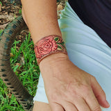 Handcrafted Genuine Vegetal Leather Bracelet with Hand Carved Rose-Unisex Gift-Unique Fashion Jewelry-Adjustable Wristband or Arm Bracelet