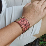 Handcrafted Genuine Vegetal Leather Bracelet with Hand Carved Rose-Unisex Gift-Unique Fashion Jewelry-Adjustable Wristband or Arm Bracelet