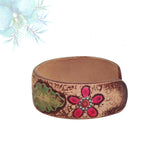 Handcrafted Genuine Vegetal Leather Bracelet with Hand Carved Flower-Unisex Gift-Unique Fashion Jewelry-Adjustable Wristband or Arm Bracelet