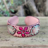 Handcrafted Genuine Vegetal Leather Bracelet with Hand Carved Flower-Unisex Gift-Unique Fashion Jewelry-Adjustable Wristband or Arm Bracelet