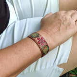 Handcrafted Genuine Vegetal Leather Bracelet with Hand Carved Flower-Unisex Gift-Unique Fashion Jewelry-Adjustable Wristband or Arm Bracelet