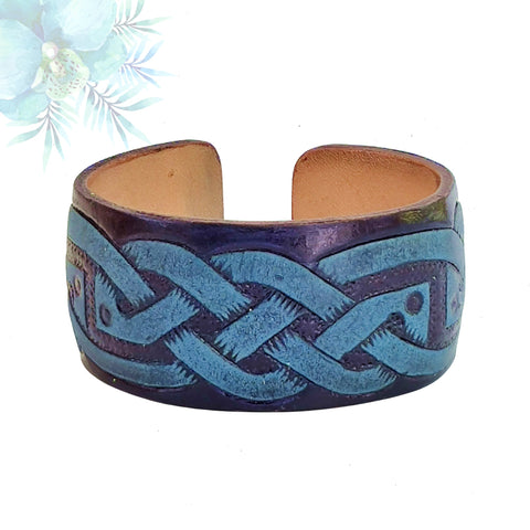 Handcrafted Genuine Vegetal Leather Bracelet with Hand Carved Tribal-Unisex Gift-Unique Fashion Jewelry-Adjustable Wristband or Arm Bracelet
