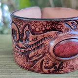 Handcrafted Hand Carved Vegetal Leather Bracelet with Agate Stone-Unisex Gift-Unique Fashion Jewelry-Adjustable Wristband or Arm Bracelet