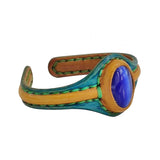 Handcrafted Genuine Colored Vegetal Leather Bracelet with Blue Cat's Eye Stone Setting-Unisex Gift Fashion Jewelry Cuff-Adjustable Wristband