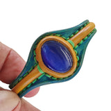 Handcrafted Genuine Colored Vegetal Leather Bracelet with Blue Cat's Eye Stone Setting-Unisex Gift Fashion Jewelry Cuff-Adjustable Wristband