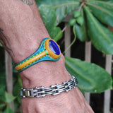 Handcrafted Genuine Colored Vegetal Leather Bracelet with Blue Cat's Eye Stone Setting-Unisex Gift Fashion Jewelry Cuff-Adjustable Wristband
