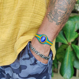 Handcrafted Genuine Colored Vegetal Leather Bracelet with Blue Cat's Eye Stone Setting-Unisex Gift Fashion Jewelry Cuff-Adjustable Wristband