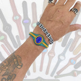 Handcrafted Genuine Colored Vegetal Leather Bracelet with Blue Cat's Eye Stone Setting-Unisex Gift Fashion Jewelry Cuff-Adjustable Wristband