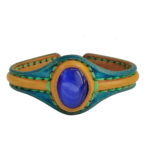 Handcrafted Genuine Colored Vegetal Leather Bracelet with Blue Cat's Eye Stone Setting-Unisex Gift Fashion Jewelry Cuff-Adjustable Wristband