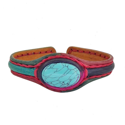 Handcrafted Adjustable Colored Vegetal Leather Bracelet with Firuze Stone-Unisex Gift Fashion Jewelry Natural Stone Cuff Wristband