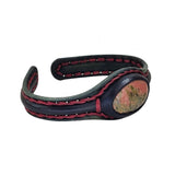 Unique Handcrafted Genuine Black Leather Bracelet with Flower Green Stone-Unisex Gift Fashion Jewelry with Naturel Stone Cuff