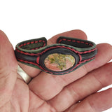 Unique Handcrafted Genuine Black Leather Bracelet with Flower Green Stone-Unisex Gift Fashion Jewelry with Naturel Stone Cuff