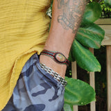 Unique Handcrafted Genuine Black Leather Bracelet with Flower Green Stone-Unisex Gift Fashion Jewelry with Naturel Stone Cuff