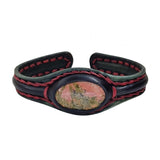 Unique Handcrafted Genuine Black Leather Bracelet with Flower Green Stone-Unisex Gift Fashion Jewelry with Naturel Stone Cuff