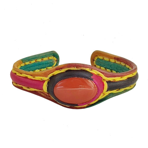 Handcrafted Genuine Vegetal Colored Leather Bracelet with Orange Agate Stone Setting-Unisex Gift Fashion Jewelry Wristband