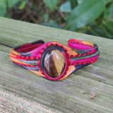 Bohemian Unique Handcrafted Vegetal Colored Leather Bracelet with Tiger's Eye Stone-Unisex Gift Fashion Jewelry-Adjustable Wristband Cuff