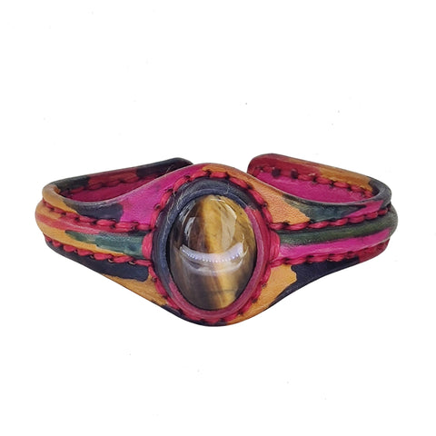 Bohemian Unique Handcrafted Vegetal Colored Leather Bracelet with Tiger's Eye Stone-Unisex Gift Fashion Jewelry-Adjustable Wristband Cuff