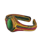 Handcrafted Genuine Vegetal Colored Leather Bracelet with Green Cat's Eye Stone Setting-Lifestyle Gift Fashion Jewelry Cuff Bangle