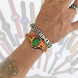 Handcrafted Genuine Vegetal Colored Leather Bracelet with Green Cat's Eye Stone Setting-Lifestyle Gift Fashion Jewelry Cuff Bangle