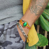 Handcrafted Genuine Vegetal Colored Leather Bracelet with Green Cat's Eye Stone Setting-Lifestyle Gift Fashion Jewelry Cuff Bangle