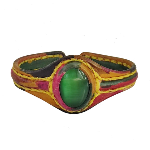 Handcrafted Genuine Vegetal Colored Leather Bracelet with Green Cat's Eye Stone Setting-Lifestyle Gift Fashion Jewelry Cuff Bangle