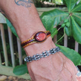 Unique Handcrafted Genuine Vegetal Brown and Yellow Leather Bracelet with Red Tiger Eye Stone-Unisex Gift Fashion Jewelry Natural Stone Cuff