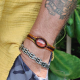 Unique Handcrafted Genuine Vegetal Brown and Yellow Leather Bracelet with Red Tiger Eye Stone-Unisex Gift Fashion Jewelry Natural Stone Cuff