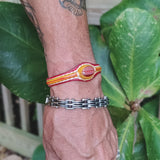 Unique Handcrafted Vegetal Red and Yellow Leather Bracelet with Orange Agate Stone-Unisex Gift Fashion Jewelry-Adjustable Wristband Cuff