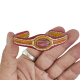 Unique Handcrafted Vegetal Red and Yellow Leather Bracelet with Orange Agate Stone-Unisex Gift Fashion Jewelry-Adjustable Wristband Cuff