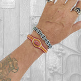 Unique Handcrafted Vegetal Red and Yellow Leather Bracelet with Orange Agate Stone-Unisex Gift Fashion Jewelry-Adjustable Wristband Cuff