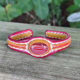 Unique Handcrafted Vegetal Red and Yellow Leather Bracelet with Orange Agate Stone-Unisex Gift Fashion Jewelry-Adjustable Wristband Cuff