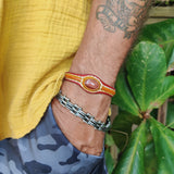 Unique Handcrafted Vegetal Red and Yellow Leather Bracelet with Orange Agate Stone-Unisex Gift Fashion Jewelry-Adjustable Wristband Cuff