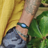 Handcrafted Genuine Blue Vegetal Leather Bracelet with Blue Cat's Eye Stone Setting-Unisex Gift Fashion Jewelry Cuff-Adjustable Wristband