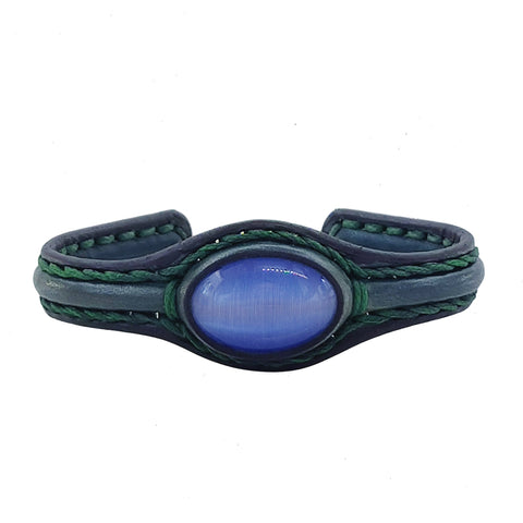 Handcrafted Genuine Blue Vegetal Leather Bracelet with Blue Cat's Eye Stone Setting-Unisex Gift Fashion Jewelry Cuff-Adjustable Wristband