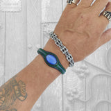 Handcrafted Genuine Blue Vegetal Leather Bracelet with Blue Cat's Eye Stone Setting-Unisex Gift Fashion Jewelry Cuff-Adjustable Wristband