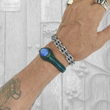 Handcrafted Genuine Blue Vegetal Leather Bracelet with Blue Cat's Eye Stone Setting-Unisex Gift Fashion Jewelry Cuff-Adjustable Wristband