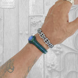 Handcrafted Genuine Blue Vegetal Leather Bracelet with Blue Cat's Eye Stone Setting-Unisex Gift Fashion Jewelry Cuff-Adjustable Wristband